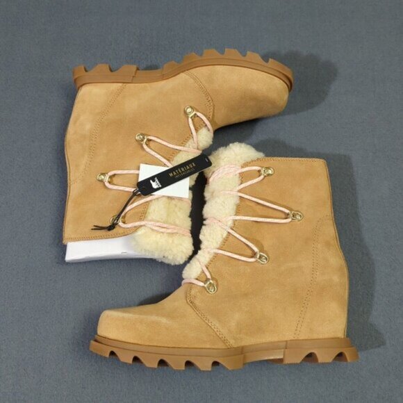 Sorel Booties Women's 10 Tawny Buff Gum 2 Joan of Arctic Wedge III Lace Cozy NWT - Picture 2 of 11